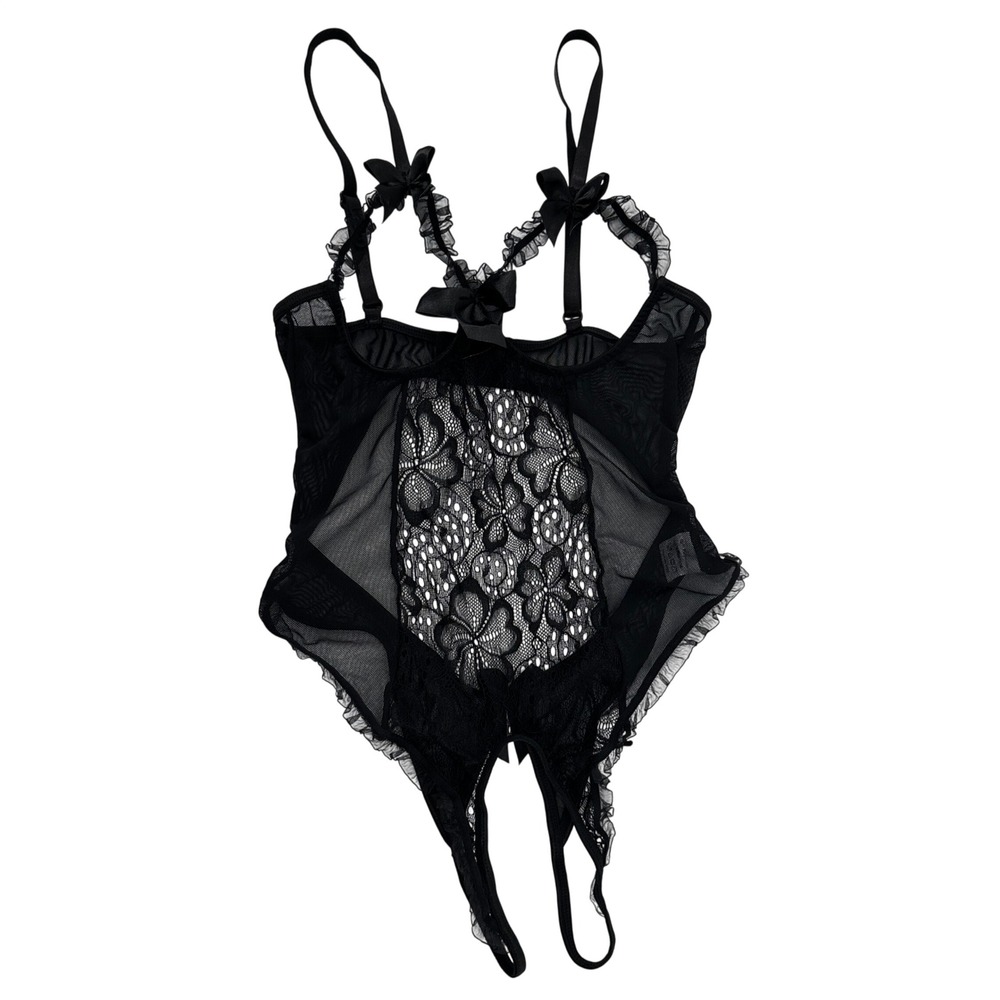 Sexy Lace Mesh Teddy Bodysuit Ruffle Trim Strappy‎ Lingerie Crotchless Small